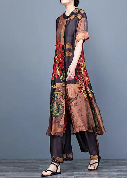 Chocolate Print Silk Shirt Dress and Wide Leg Pants Two Pieces Set Thin Half Sleeve