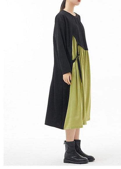 Green O-neck Wrinkled Patchwork Dresses Spring