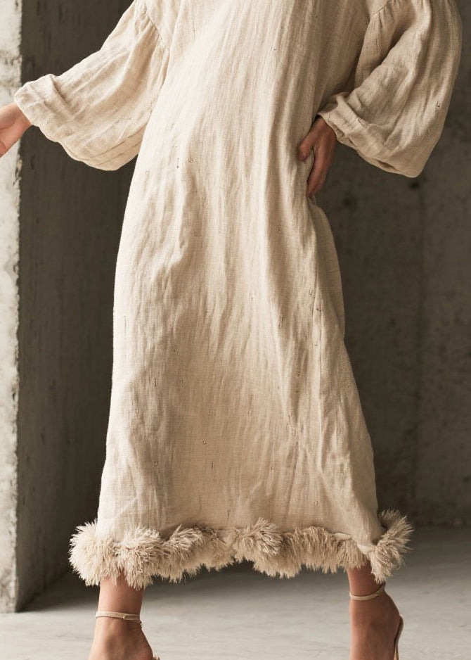 White V Neck Patchwork Faux Fur Cotton Maxi Dresses Fall