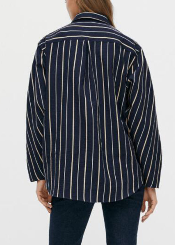 Black Striped Patchwork Low High Design Cotton Shirt Spring