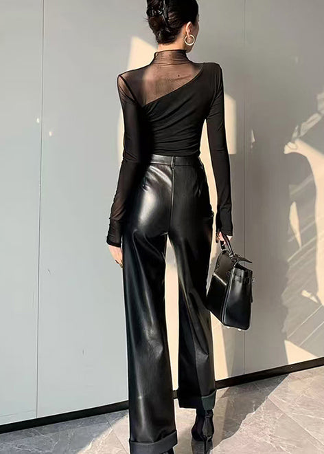 Black Asymmetrical Patchwork Hollow Out Tops Spring