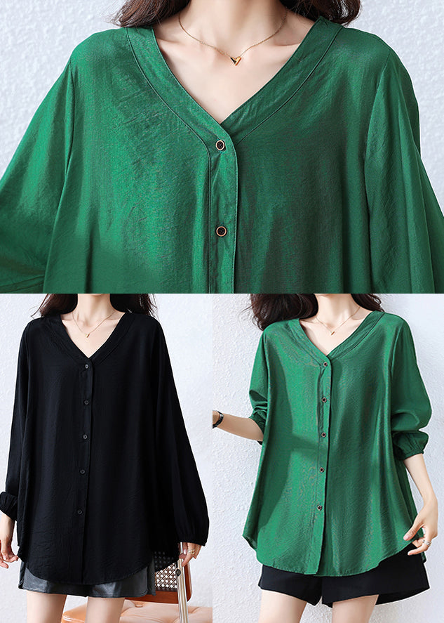 Tea Green Cotton Shirt V Neck Oversized Fall