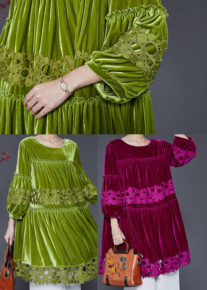 Rose Patchwork Lace Silk Velour Dress Oversized Lantern Sleeve