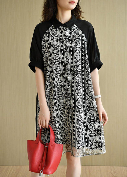 Black Peter Pan Collar Button Patchwork Summer Cotton Dresses Half Sleeve