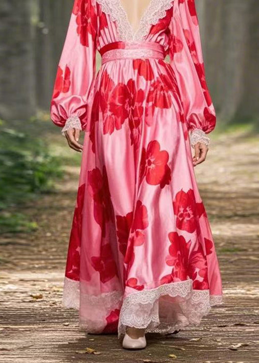 V Neck Print Lace Patchwork Silk Ankle Dress Spring