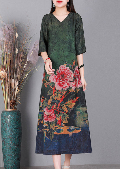 Loose Green V Neck Print Silk Dresses Half Sleeve