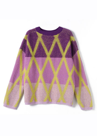 Art Purple O-neck Plaid Patchwork Wool Knit Sweaters Long Sleeve
