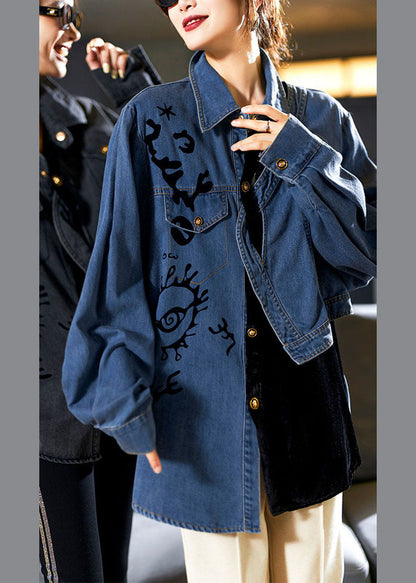 Denim Blue Peter Pan Collar Asymmetrical Print Button Cotton Coats Long Sleeve
