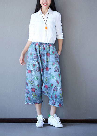 Handmade Denim Blue Elastic Waist Oversized Print Cotton Harem Pants Spring