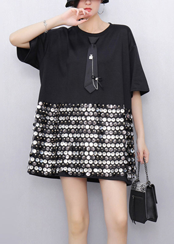 Natural Black O-neck Patchwork Sequins T Shirts Short Sleeve