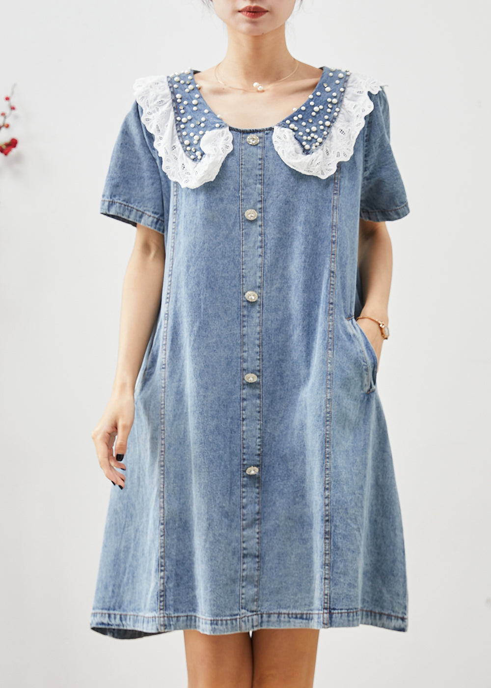 Blue Peter Pan Collar Nail Bead Denim Vacation Dress Summer