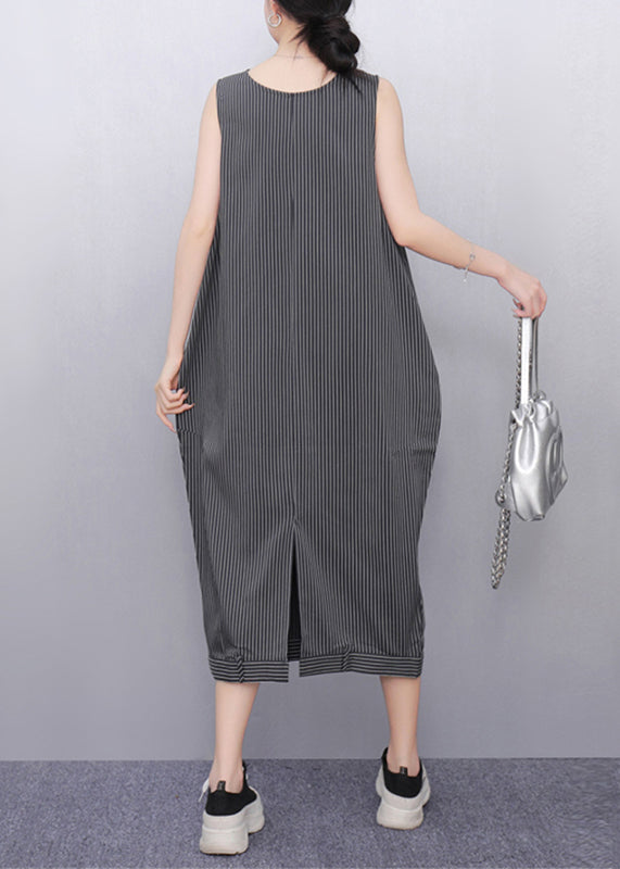 Dark Grey Striped Pockets Long Dresses Sleeveless