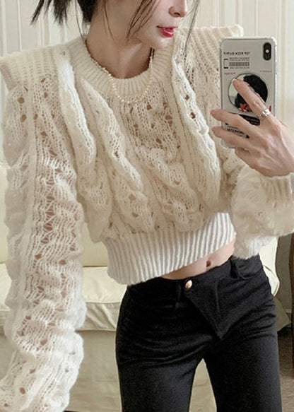 Green Puff Sleeve Hollow Out Knit Short Sweater Spring