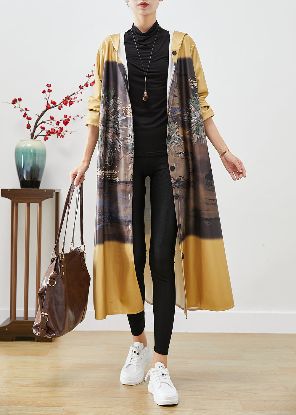 Yellow Hooded Print Cotton Trench Coats Fall