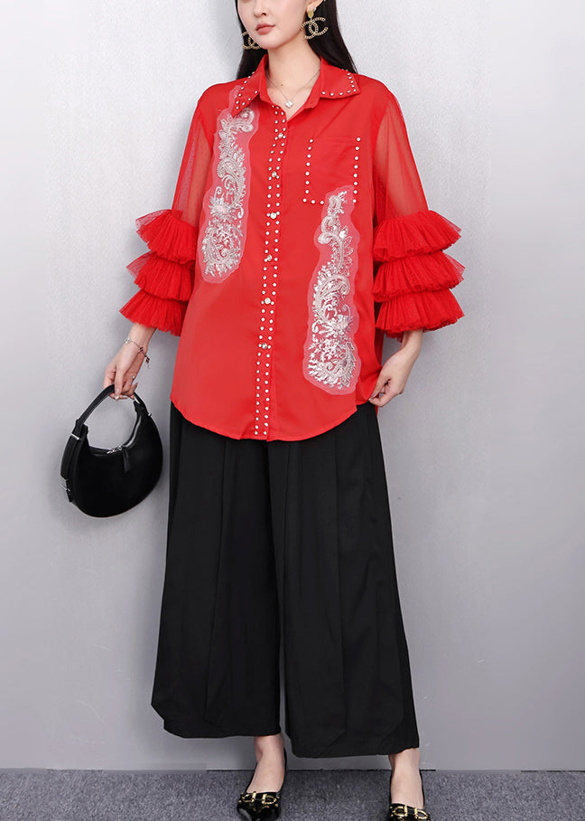 Red Embroidered Chiffon Top Flare Sleeve