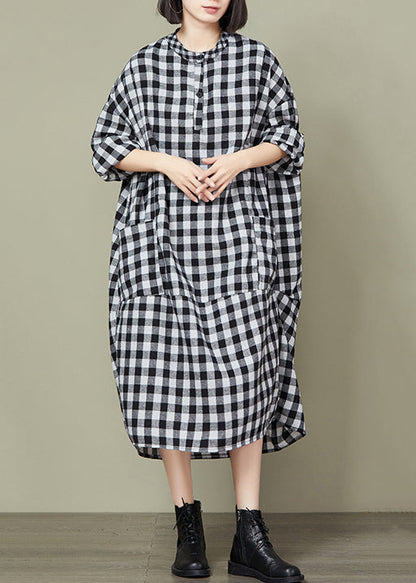 Big Plaid Pockets Patchwork Cotton Long Dresses Fall