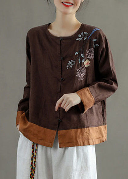 Chocolate O-neck Embroideried Patchwork Linen Shirt Tops Long Sleeve