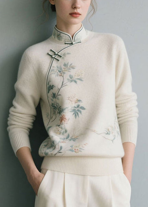 White Thick Knit Sweater Stand Collar Winter