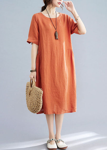 Orange O Neck Wrinkled Patchwork Cotton Dress Summer