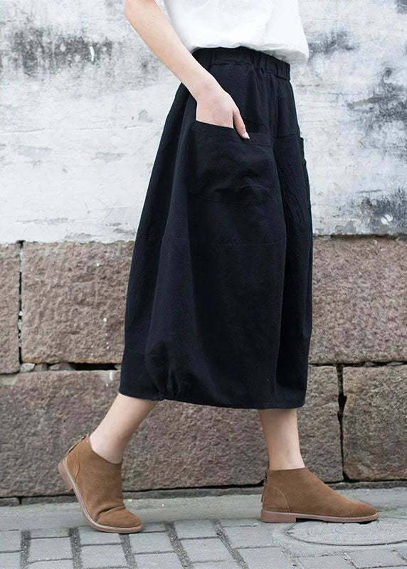 Modern Black Elastic Waist Patchwork Linen a Line Skirt Fall