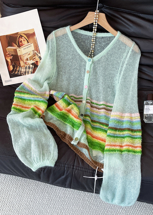 Blue O Neck Striped Patchwork Thin Knit Cardigans Fall