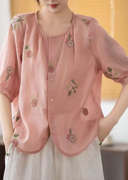 Red Linen Shirts O-neck Embroidered Summer