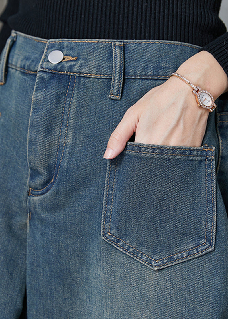 Navy Elastic Waist Pockets Denim Wide Leg Pants Spring
