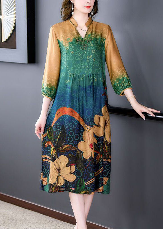 Colorblock Print Wrinkled Silk a Line Dresses Bracelet Sleeve