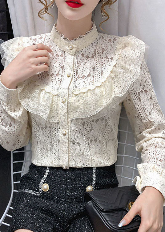 Modern Beige Hollow Out Patchwork Lace Top Long Sleeve