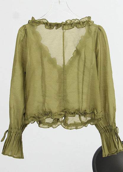 French Green Ruffled V Neck Chiffon Tops Spring