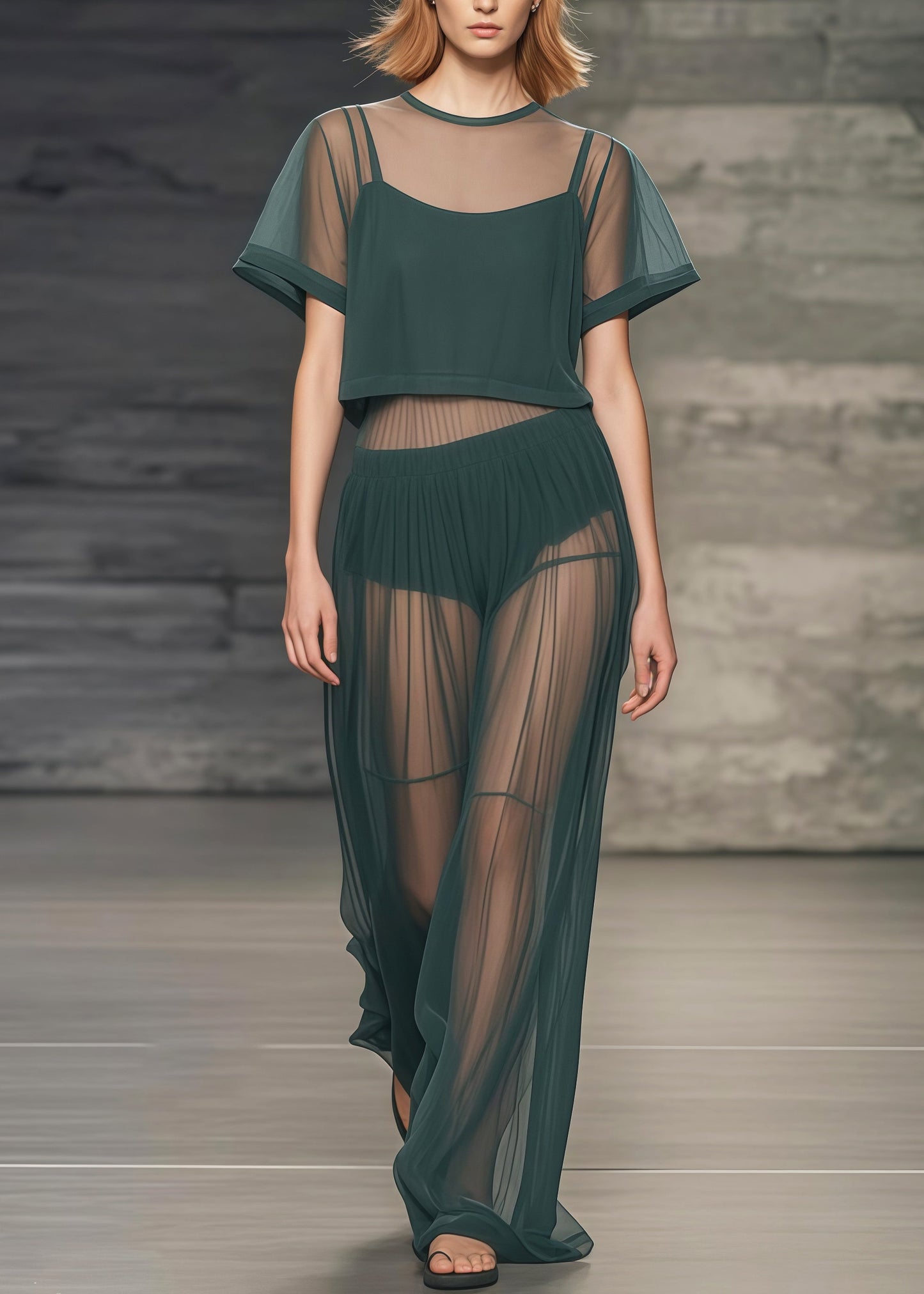 Tea Green Patchwork Tulle Sheer Two Piece Set Clothing Summer