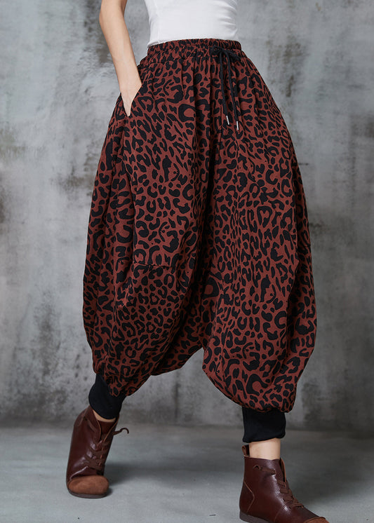 Brick Red Oversized Leopard Print Warm Fleece Lantern Pants Spring
