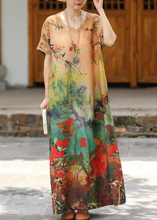 V Neck Print Linen Long Dress Short Sleeve