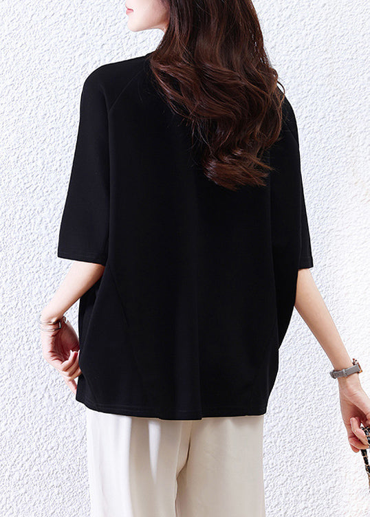 Loose Black O-neck Print Cotton T Shirt Half Sleeve