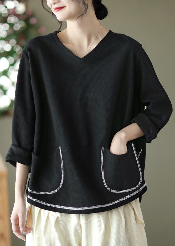 Black V Neck Pockets Patchwork Cotton Sweatshirts Top Long Sleeve
