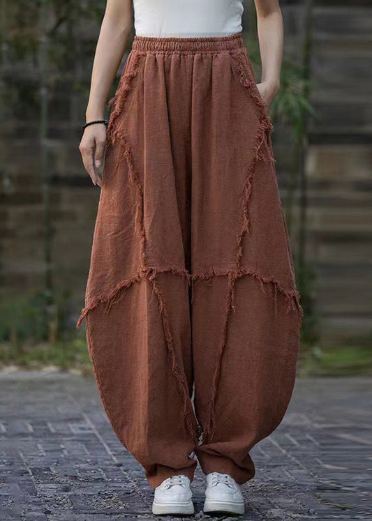 Brick Red Pockets High Waist Linen Pants Summer