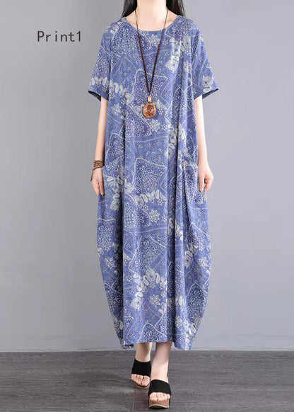 O Neck Print Patchwork Cotton Long Dresses Summer