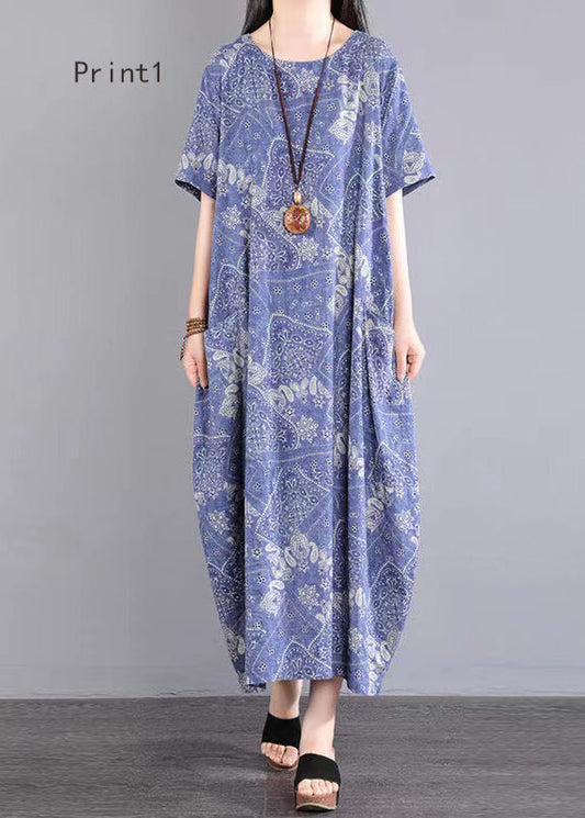 O Neck Print Patchwork Cotton Long Dresses Summer