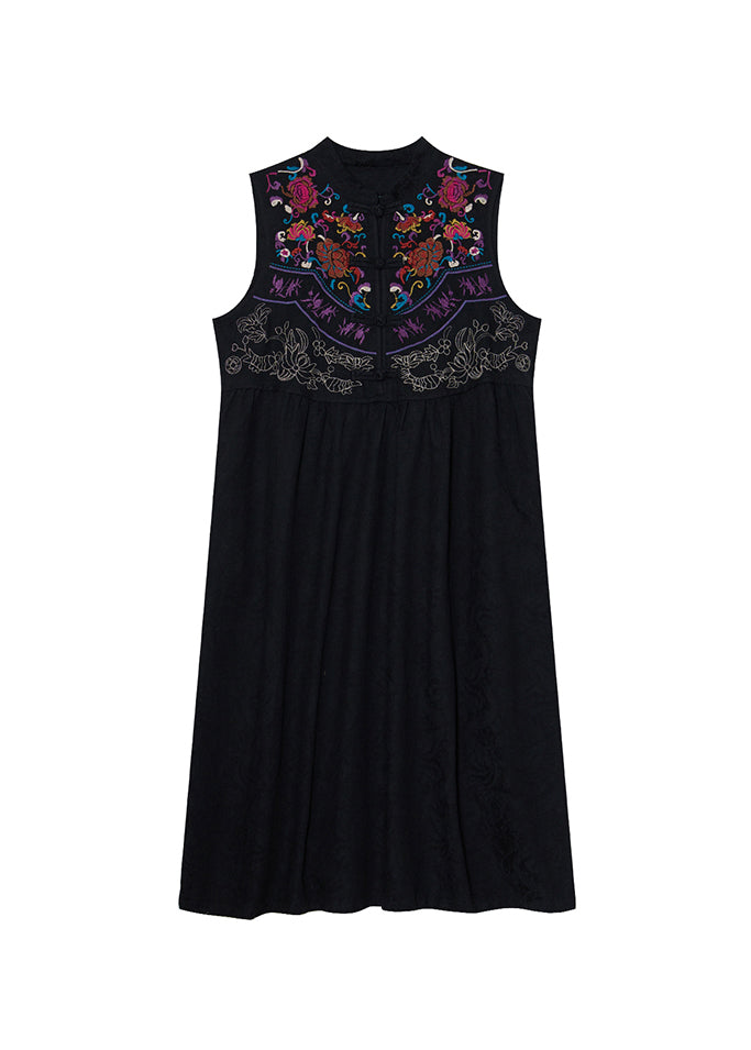 Black Stand Collar Embroidered Cotton Two Pieces Set Summer