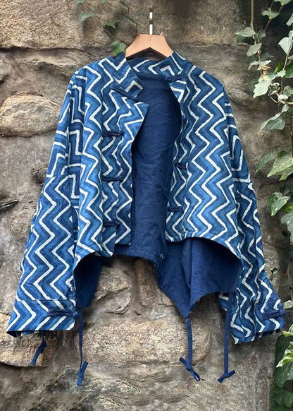 Blue Button Print Patchwork Cotton Coat Fall