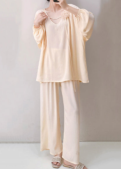 Apricot Oversized Cotton Fall Pajamas Two Pieces Set V Neck