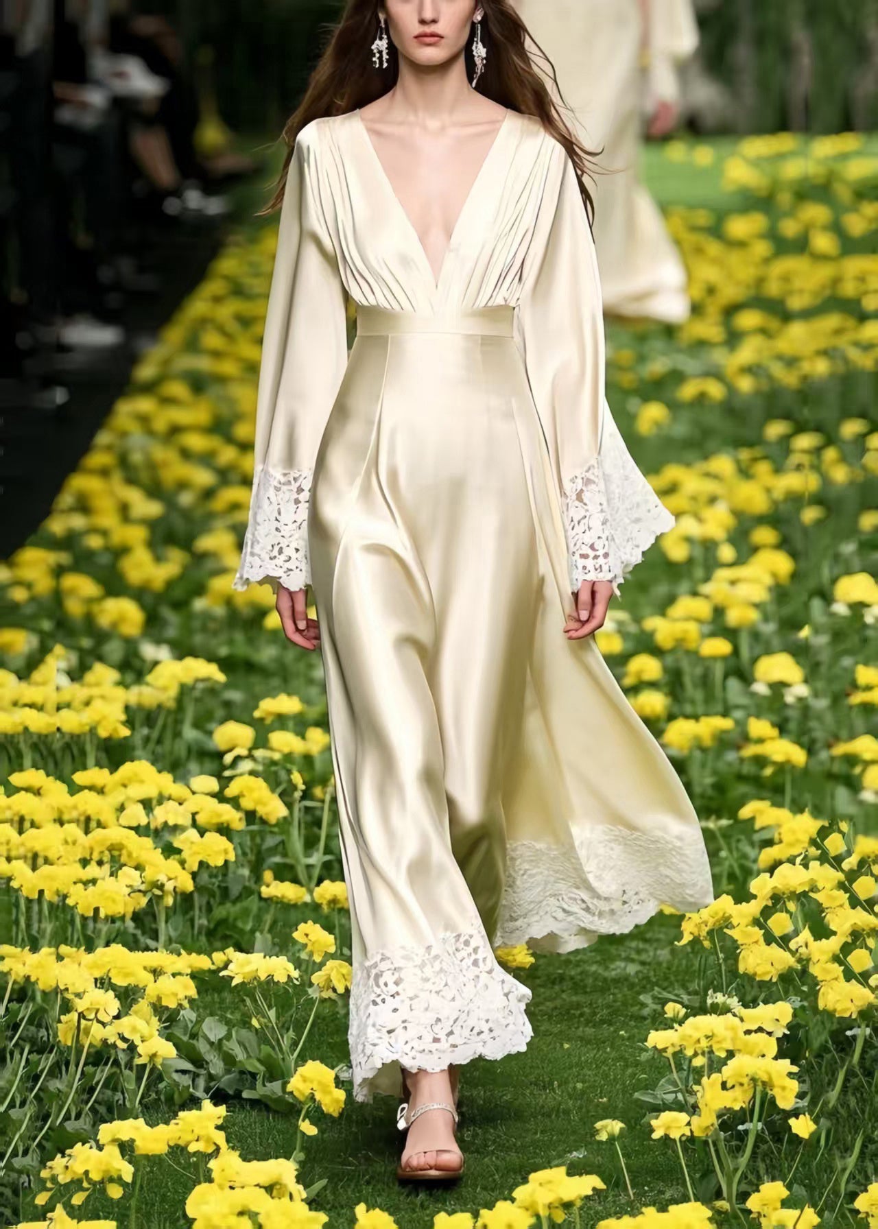 Champagne Patchwork Lace Draping Silk Long Dresses Spring