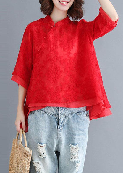 Red Lace Three Quarter Sleeve Oriental Loose Summer Top