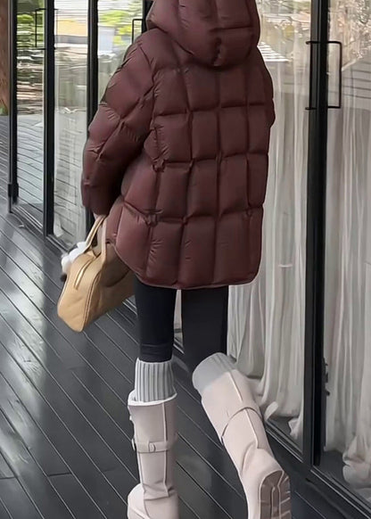 Dark Gray Plaid Drawstring Duck Down Winter Puffer Coat Hooded