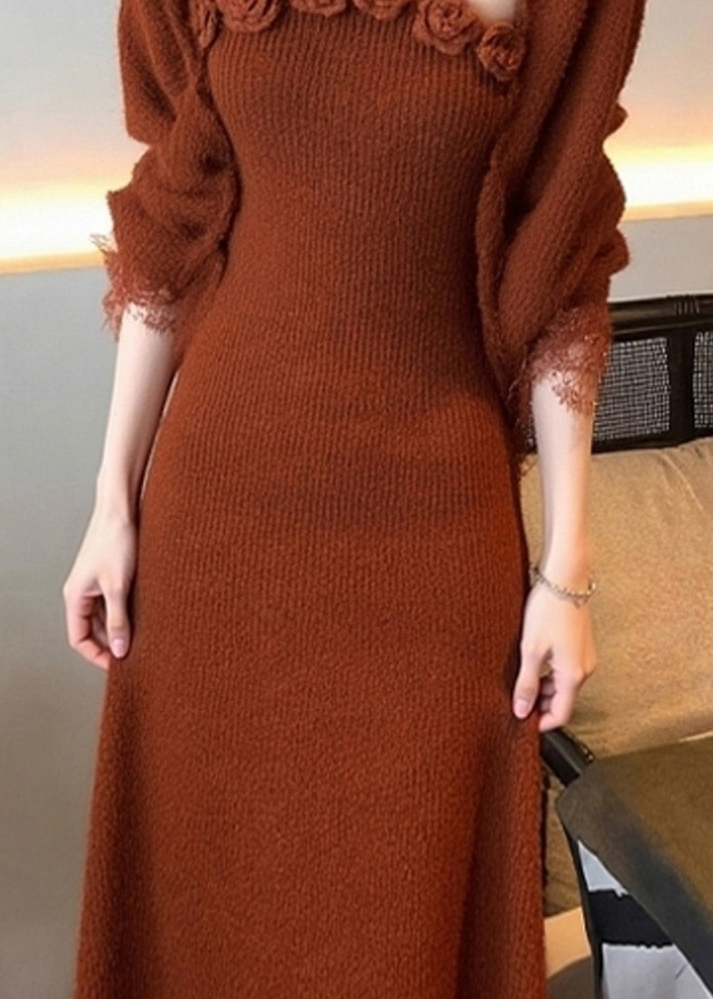 Art Brick Red Cotton Knit Cardigans and Long Dress Two Piece Set Fall