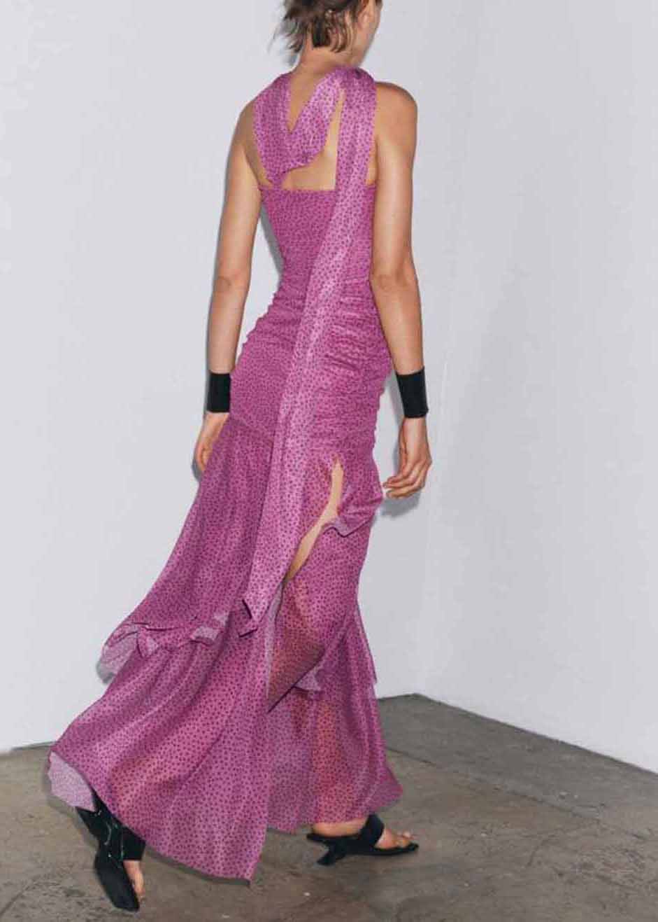 Pink Dot Wrinkled Side Open Tulle Long Dresses Sleeveless