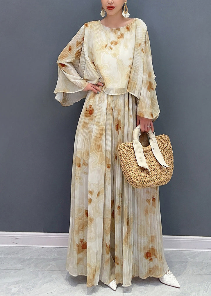 Yellow Print Chiffon Top and Maxi Skirts Two Pieces Set Flare Sleeve