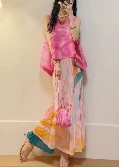 Stylish Pink Gradient Print Tops and Skirts 2 Piece Outfit Summer