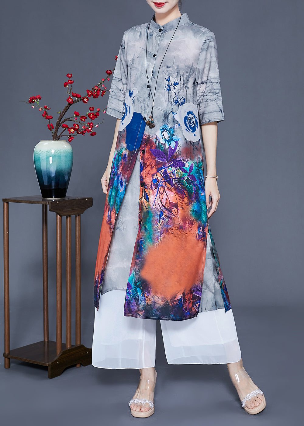 Diy Grey Stand Collar Oversized Tie Dye Silk Two Piece Set Clothing Summer