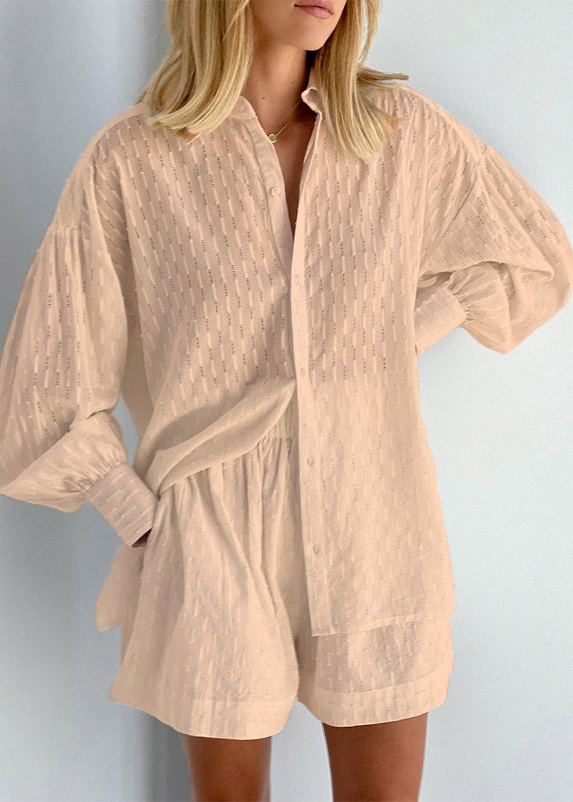 Stylish White Peter Pan Collar Striped Shirts and Shorts Two Pieces Set Lantern Sleeve